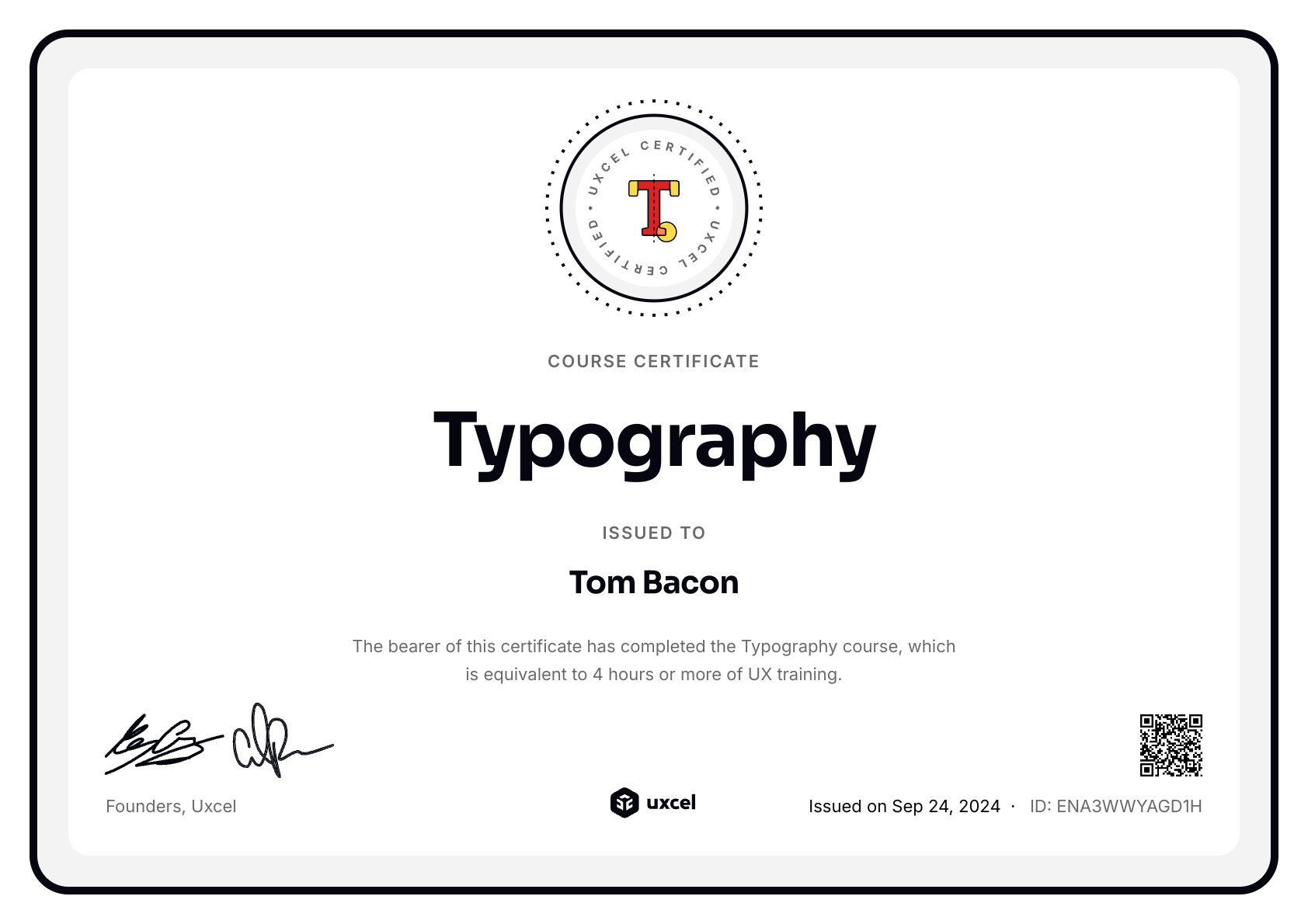 Tom Bacon's certificate
